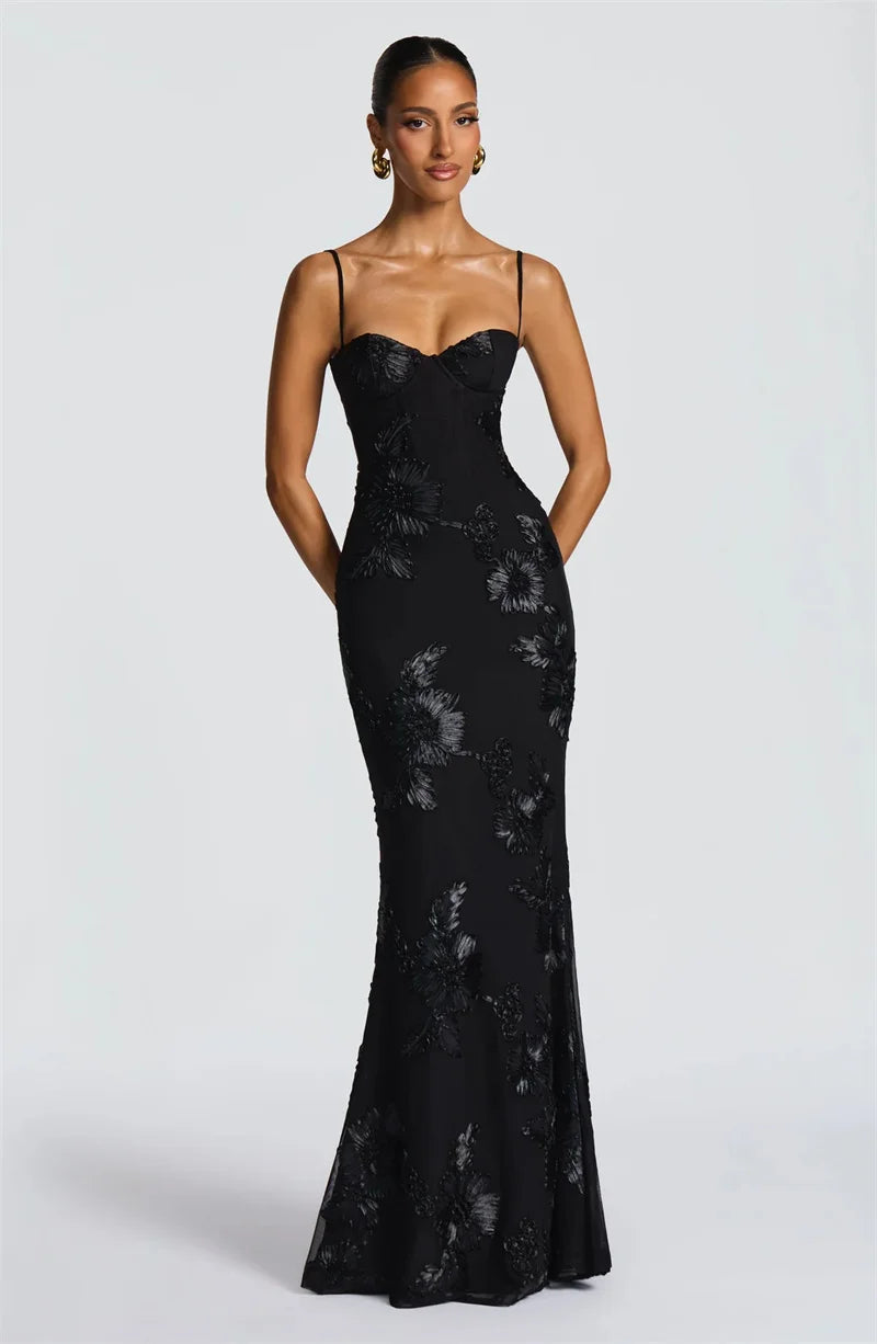 Mozision Spaghetti Strap Backless Sexy Maxi Dress Women Gown Floral Ribbon Applique Sleeveless Bodycon Evening Club Party Dress