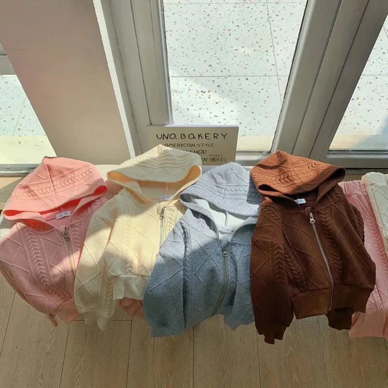 Flared Pants Childrens Set Girls Autumn New Korean Short Knitting Long Sleeved Tops Forking Two Piece Tide Hooded