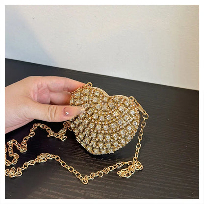 Luxury Mini Diamond Inlay Heart Shape Crystal Clutch Purse Stones Evening Wedding Party Shoulder Bag Handle Rhinestone Handbags