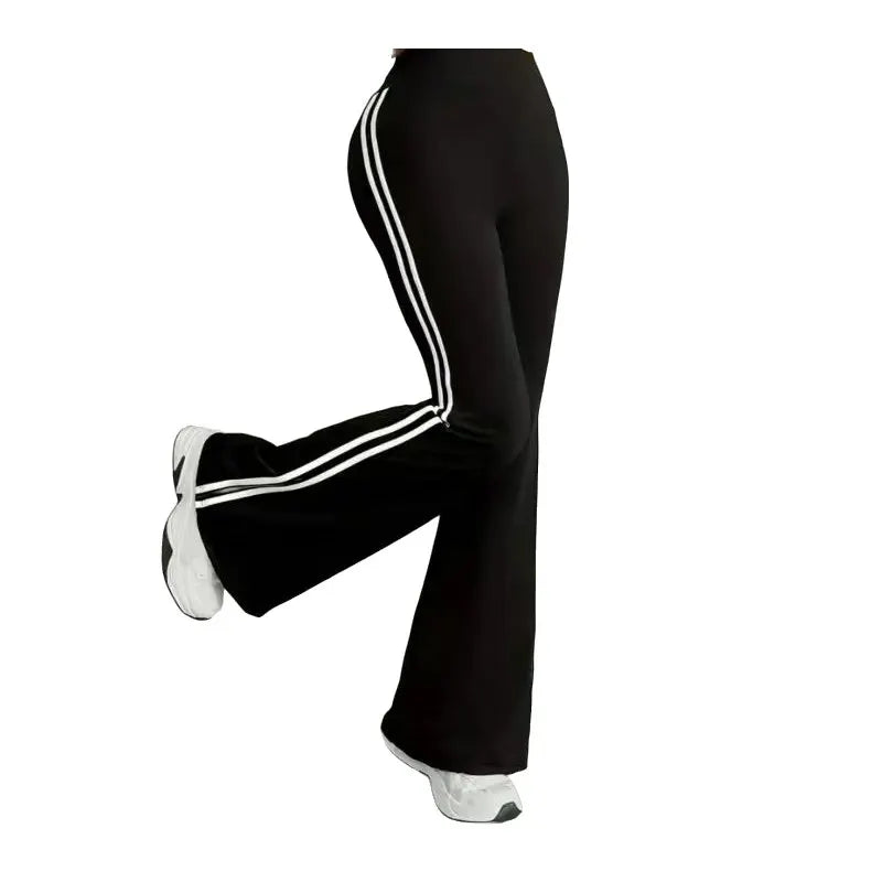 Women's Casual Sports Flared Pants, Side Stripe Design, High-Waisted and Hip-Lifting, Suitable for All Seasons, Slim-Fit Long Pants