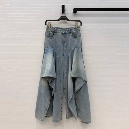Irregular ruffled denim flared pants for women - high-waisted, loose-fitting, slimming, floor-length pants. 2026 new style.