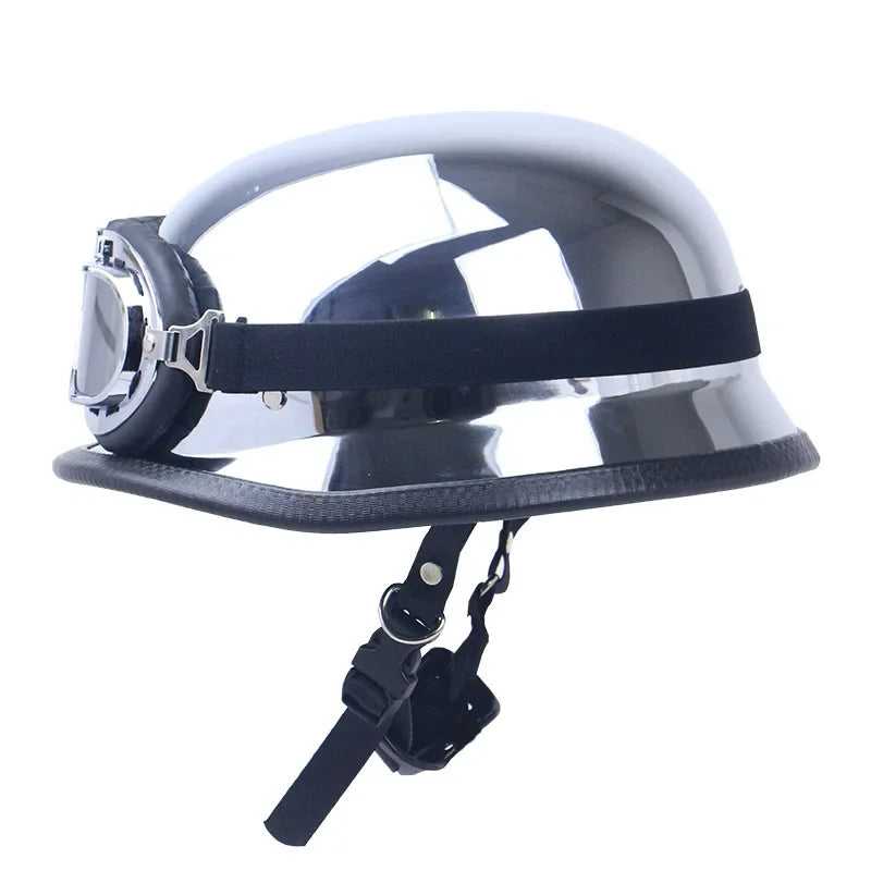 DOT Chrome Silver Mirror Color Motorcycle Helmet German Motorcycle Half Helmet Chopper Biker Pilot Helmet with Free Goggle