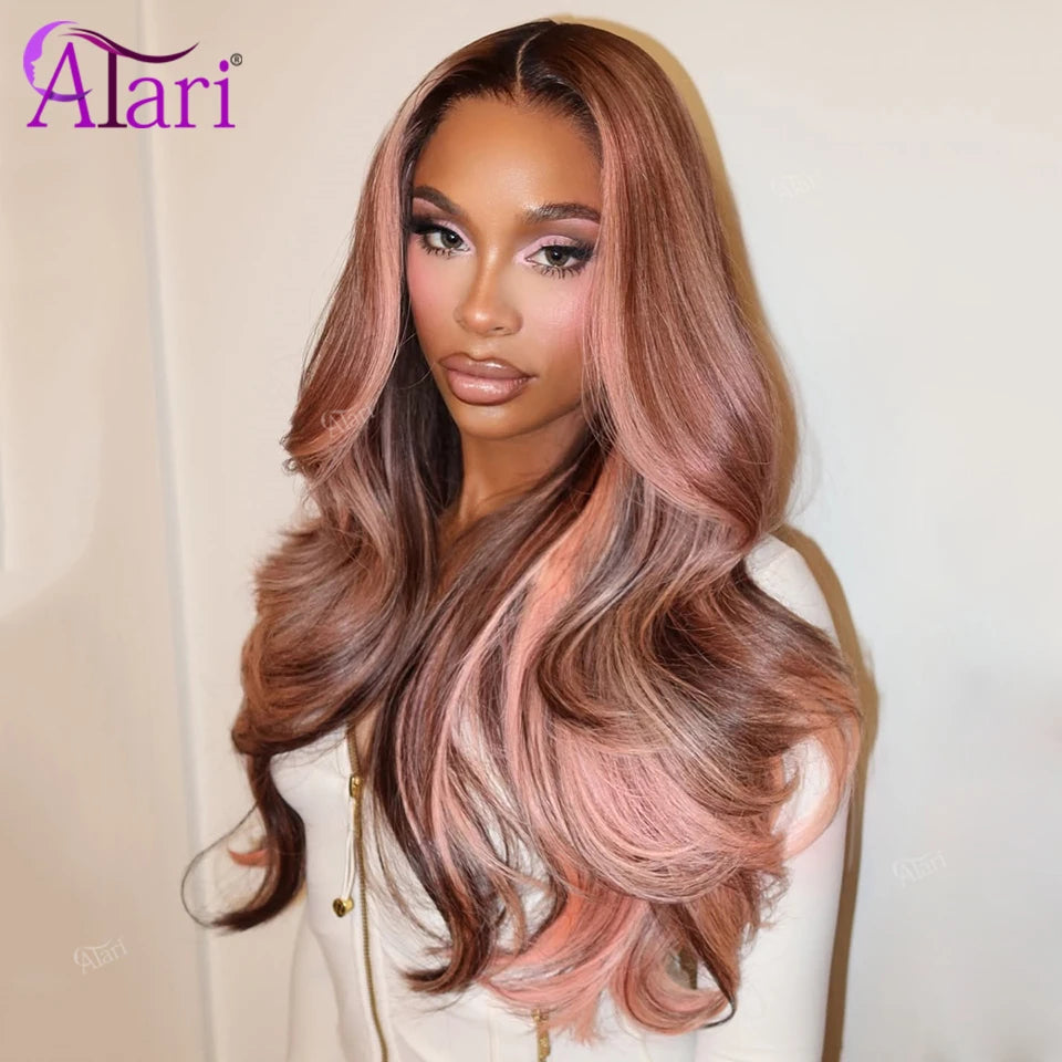 More Highlights Color 13x4 13x6 Lace Frontal Body Wave Wig Pink Brown Human Hair Wigs Pre Plucked Brazilian Remy Hair for Women