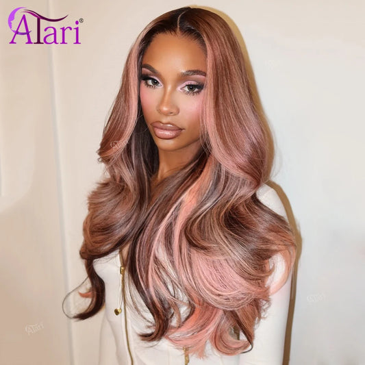 More Highlights Color 13x4 13x6 Lace Frontal Body Wave Wig Pink Brown Human Hair Wigs Pre Plucked Brazilian Remy Hair for Women