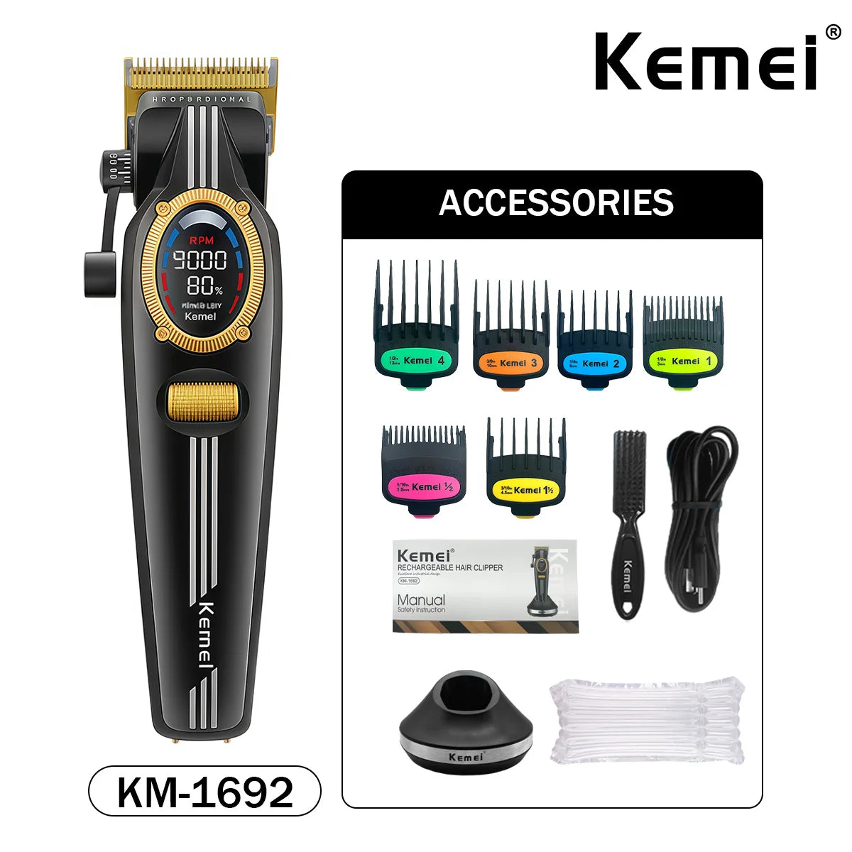 Kemei Trimmer Professional Hair Clippers Rechargeable Clippers 9000 RPM DLC Blade LCD Display Trimmer for Men KM-1685 KM-1692