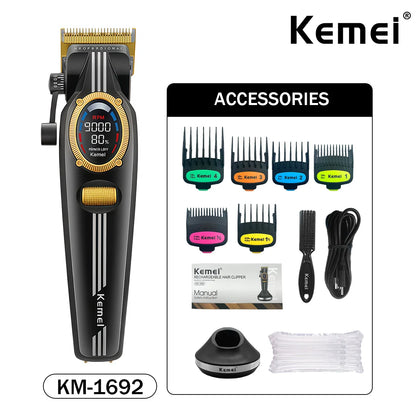 Kemei Trimmer Professional Hair Clippers Rechargeable Clippers 9000 RPM DLC Blade LCD Display Trimmer for Men KM-1685 KM-1692