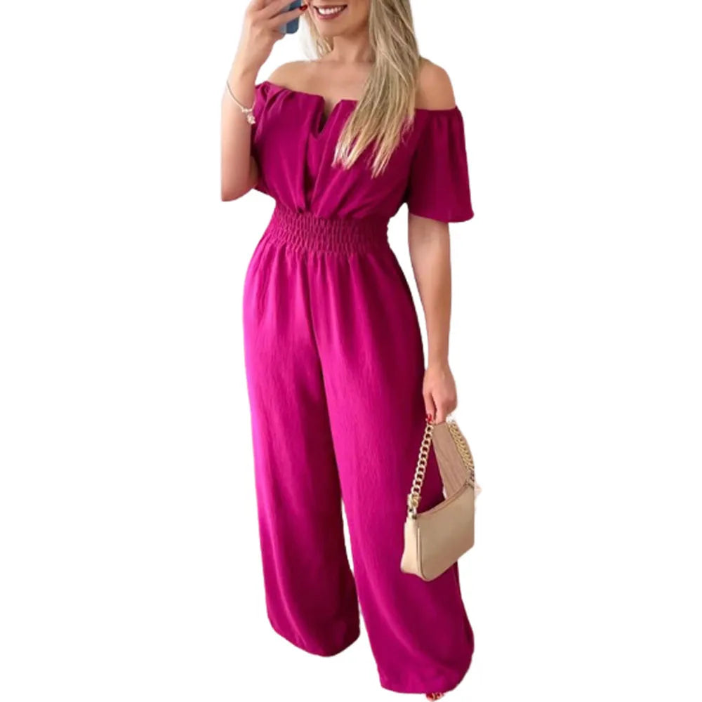 Summer New Women Sexy One Line Shoulder Solid Color Short Sleeve Jumpsuit Slim Elastic Waist Loose Straight Female Long Jumpsuit