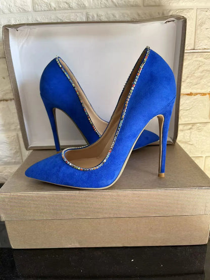 New Style Fashion Women Pumps Blues Suede Rhinestone Shallow Mouth High Heels Single Shoes Pointy Toe Stiletto Party Lady Shoes