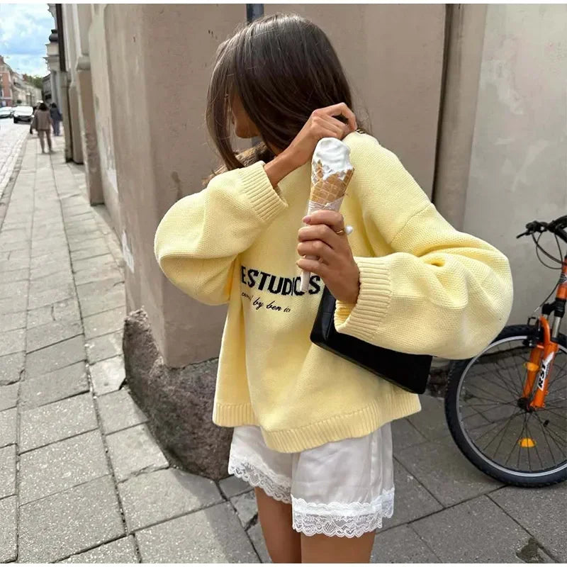 2026 EME Studio Winter Spain Version Of The Letter Printed Shirt New Unisex Loose Couple Personality Casual Fashion Sweater
