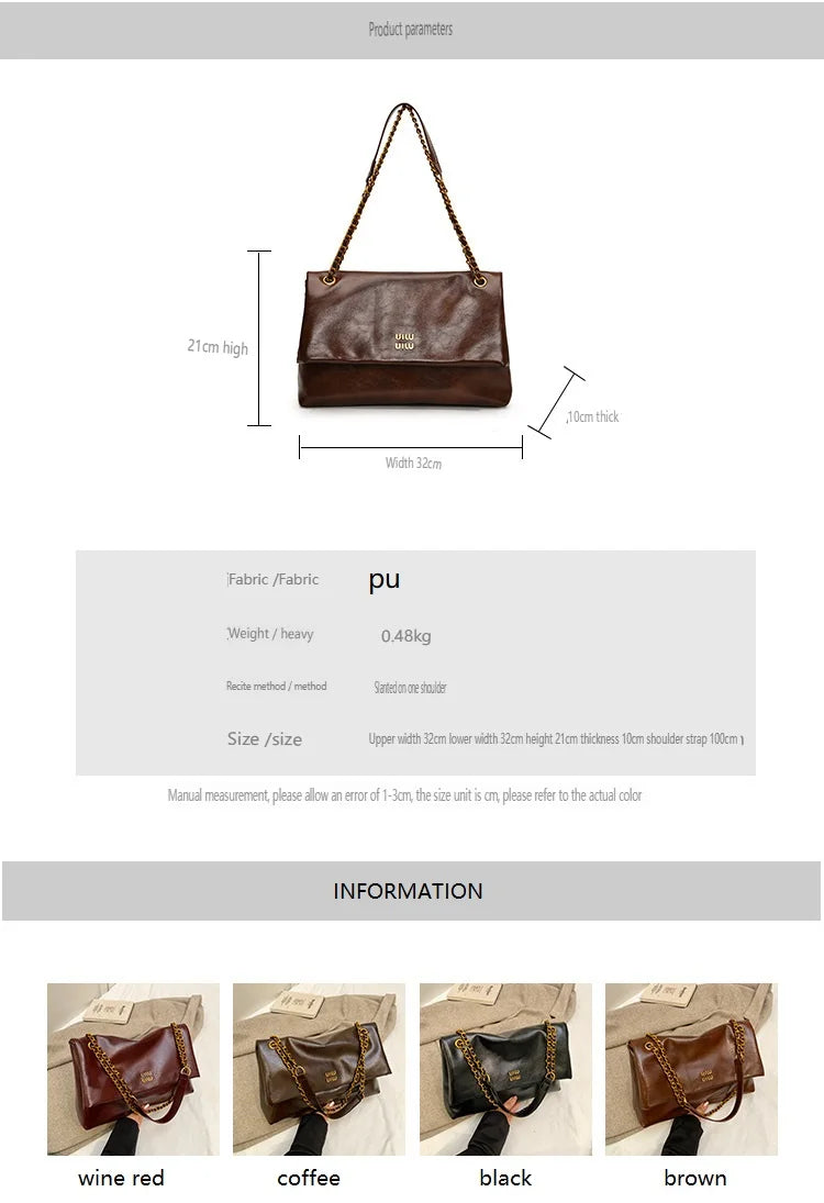 2025 Women‘s Bag Retro PU Leather Underarm Bag autumn and winter Large capacity Commuting Folded Chain Shoulder Bucket Tote Bag