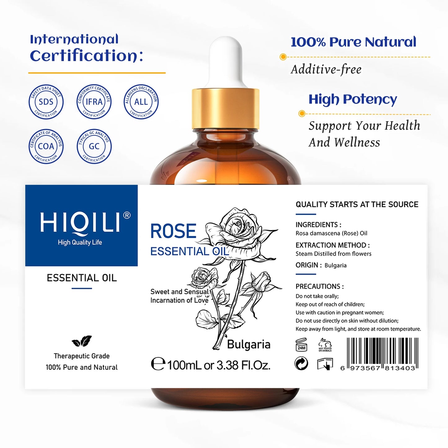 HIQILI Essential Oil Rose Geranium Lavanda Citronela Tea Tree vanille Body Oil Face Skin Care Massage 100ML/3.38fl.oz