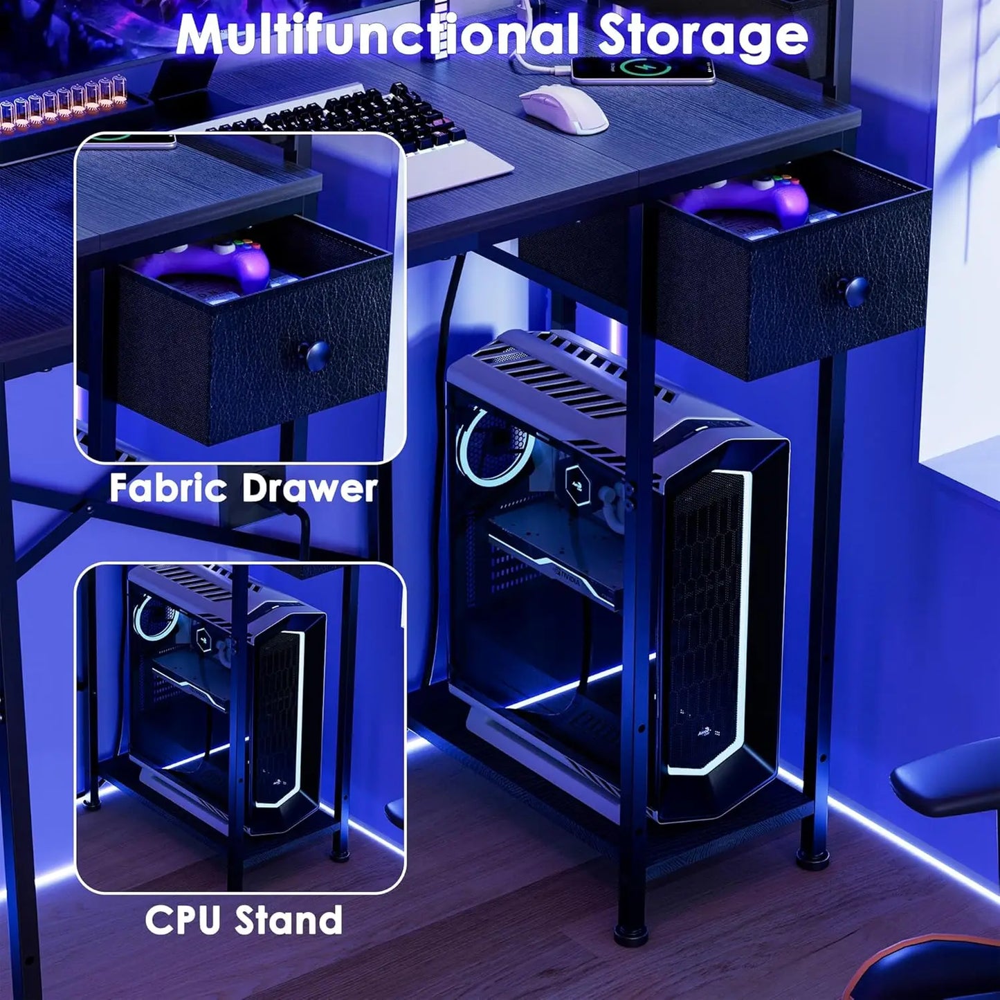 33.7 Inch L-Shaped Gaming Desk with LED Lights, Power Outlets & Storage - Compact Corner PC Desk for Home Office