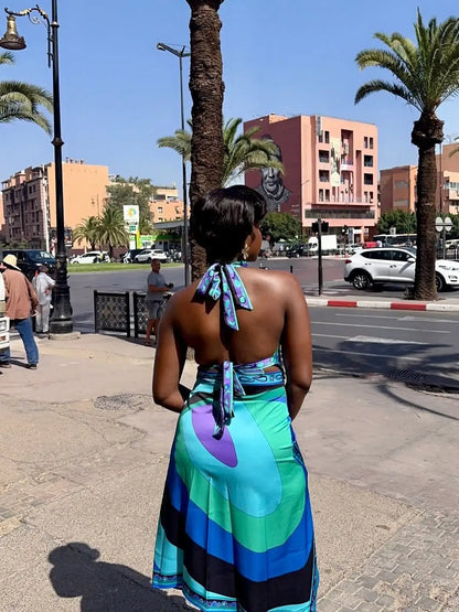Irregular Satin Printed Sets Halter Neck Lace-up Tank Top Asymmetric Midi Skirt 2 Pieces Set 2026 Summer Casual Vacation Outfits