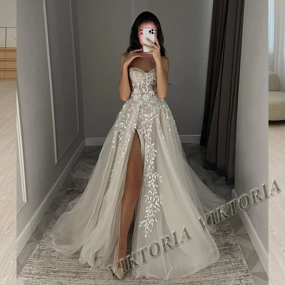 VIKTORIA Fashionable A-line Wedding Dresses for Women Sweetheart Long Sleeves Pleat Appliques Zipper Robe De Soiree De Mariage