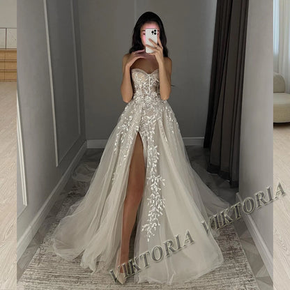 VIKTORIA Fashionable A-line Wedding Dresses for Women Sweetheart Long Sleeves Pleat Appliques Zipper Robe De Soiree De Mariage