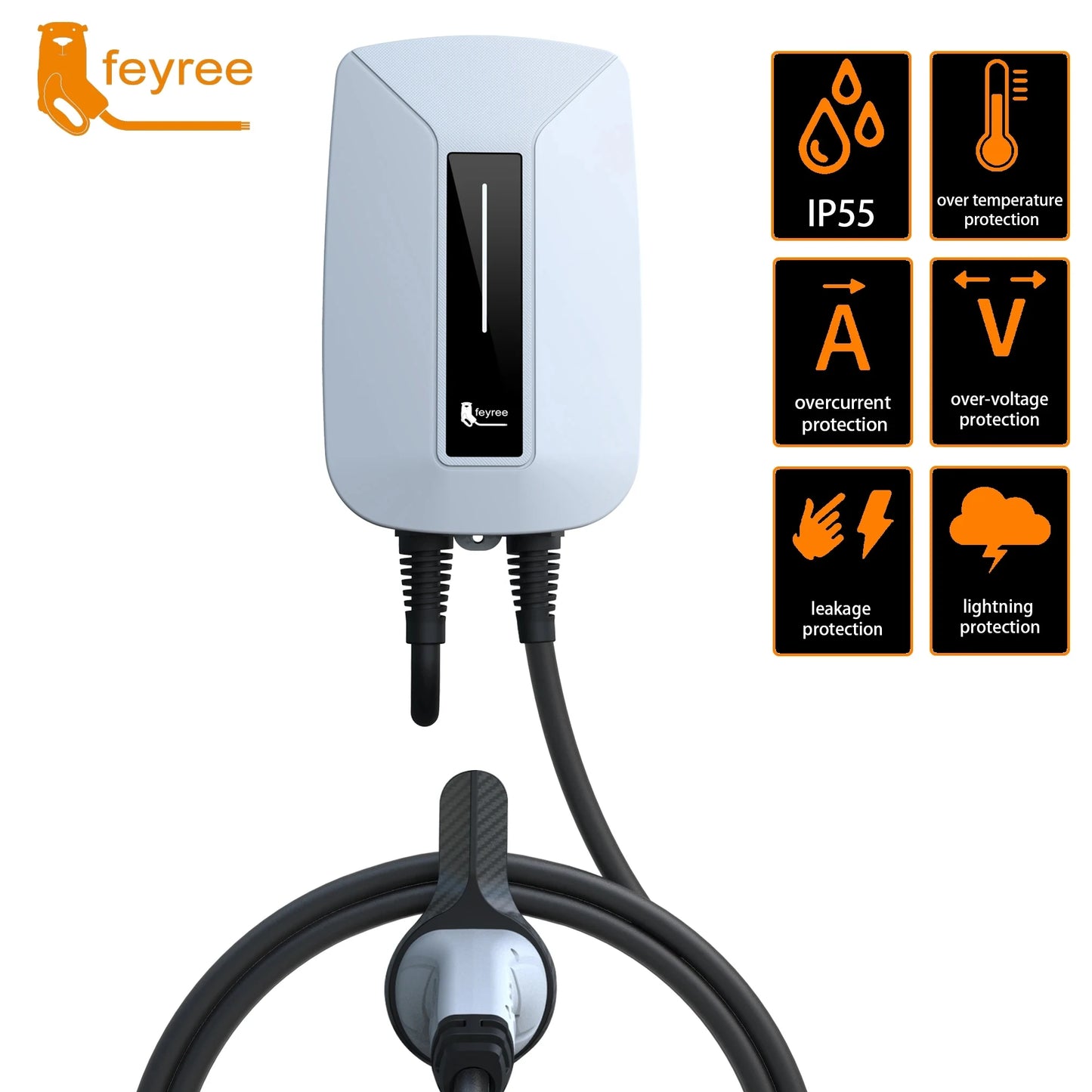 feyree EV Charger Type2 Plug EVSE Wallbox 32A 7KW IEC62196-2 Socket 1 Phase 5m Cable Wallmount Charging Station for Electric Car