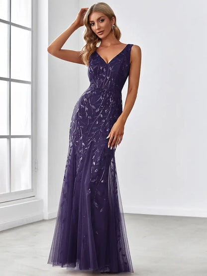 BAZIIINGAAA Party Dress Sexy Double V-Neck Sequin Mermaid Maxi Dresses For Evening Evening Dress