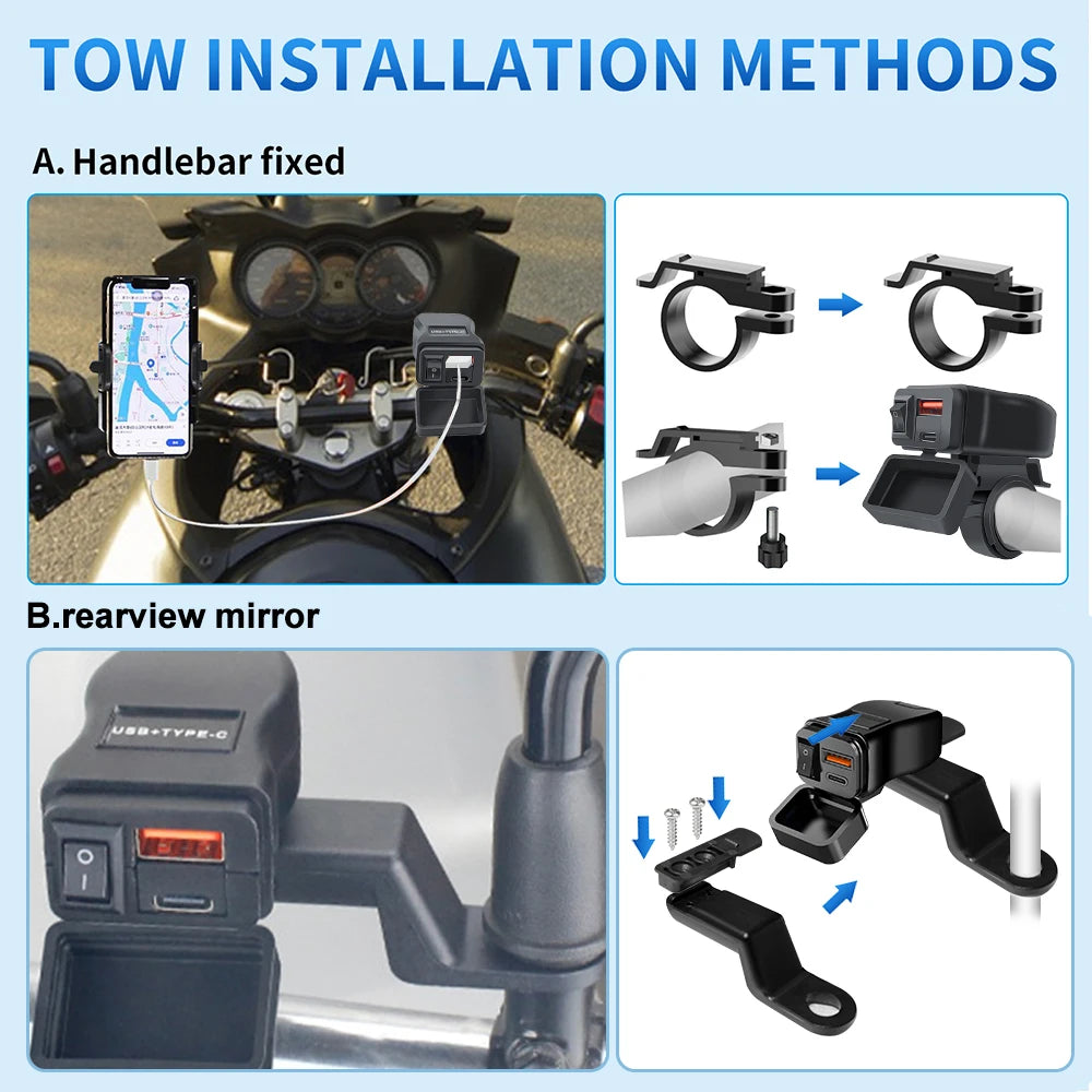 6.8A PD+QC3.0 Motorcycle Phone Charger Handlebar Dual USB Socket 60W Waterproof 12V Power Supply Adapter with Switch Voltmeter