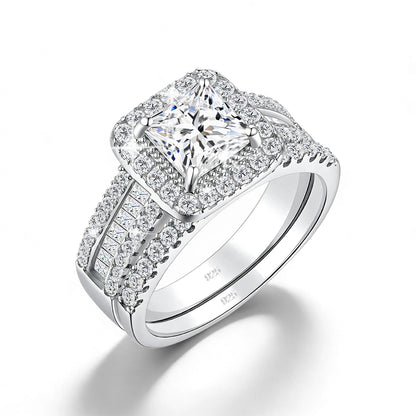 2Pcs 925 Silver Wedding Rings Set for Women Princess Cut White Moissanite Halo Engagement Bridal Ring Vintage Luxury Jewelry