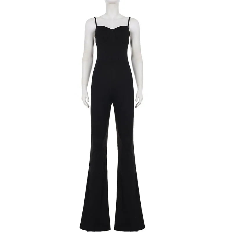 SUCHCUTE Sexy Padded Cup Slim Waist Jumpsuit Women Elegant Sleeveless Spaghetti Strap Rompers Streetwear Flare Pants One Piece