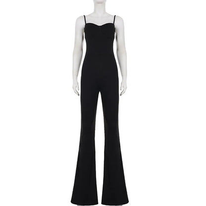 SUCHCUTE Sexy Padded Cup Slim Waist Jumpsuit Women Elegant Sleeveless Spaghetti Strap Rompers Streetwear Flare Pants One Piece