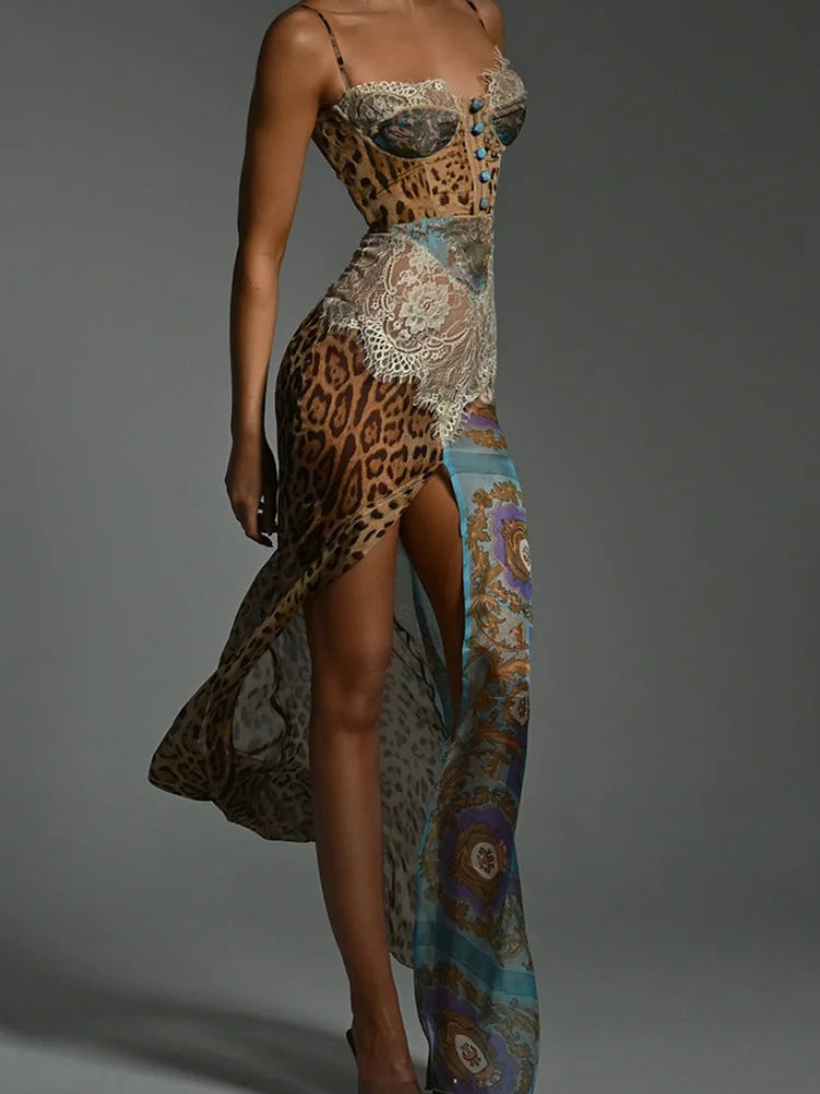 Leopard Printed Patchwork Lace Dress Women's Irregular See Though Button Sling Vestidos Sexy Summer Beach Party Gowns New