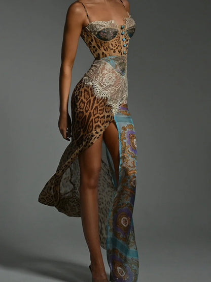 Leopard Printed Patchwork Lace Dress Women's Irregular See Though Button Sling Vestidos Sexy Summer Beach Party Gowns New