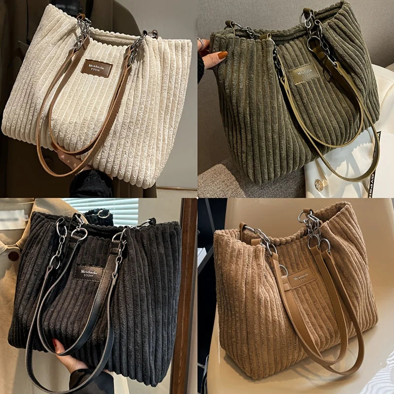 Large Capacity Corduroy Tote Bag Chain Handbag Shoulder Bag for Women, Polyester Lining, Zip Closure, Black, Beige, Khaki, Green
