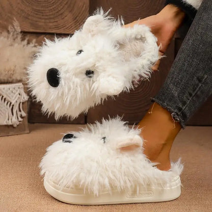 Cartoon Puppy Fluffy Fur Indoor Slippers Women 2025 Winter Thick Bottom Furry Mules Slippers Warm Plush Home Slides for Womon