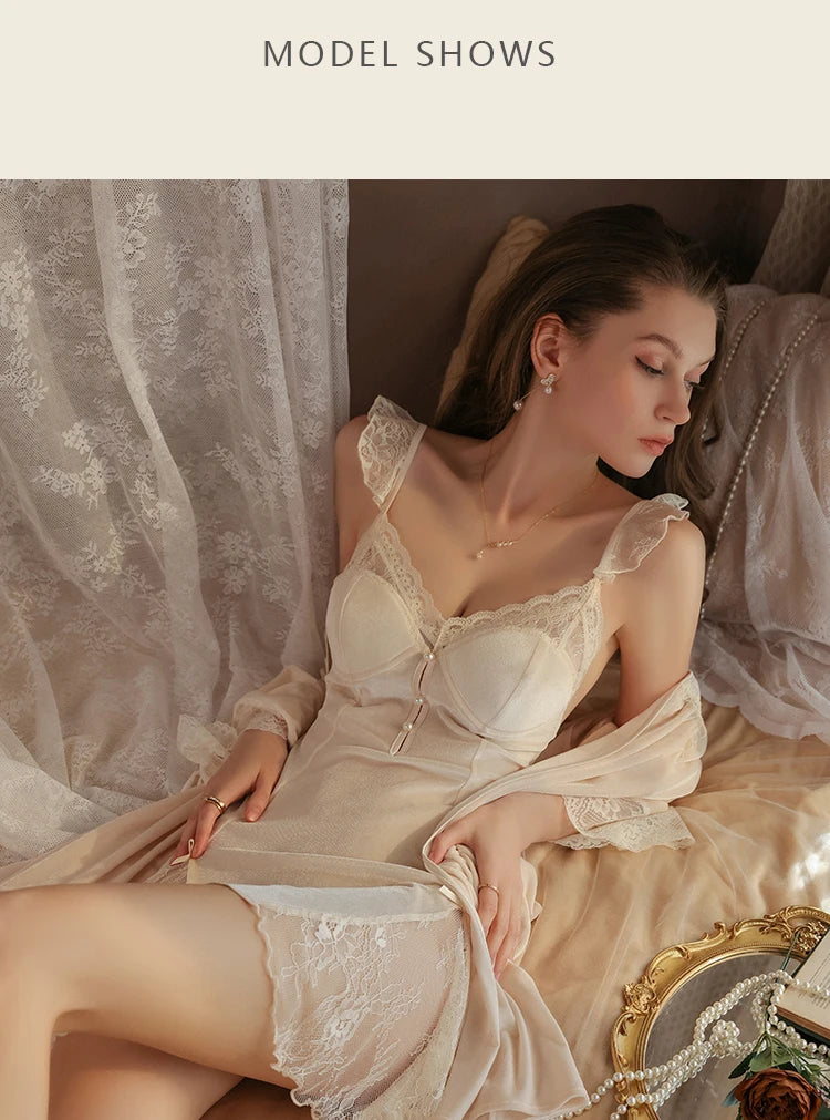 REBEYULI Sexy Sleepwear Women Deep V Solid Lace Velvet Mini Dress with Chest Pad Sweet Fly Sleeves Casual Robe Gown Set Women