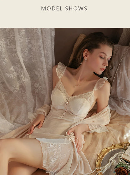 REBEYULI Sexy Sleepwear Women Deep V Solid Lace Velvet Mini Dress with Chest Pad Sweet Fly Sleeves Casual Robe Gown Set Women