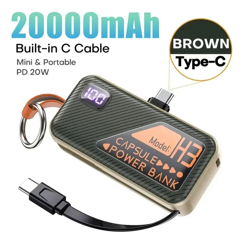 20000mAh Mini Power Bank PD20W Fast Charging Comes with Cable Digital Display PowerBank for IPhone13 14 15 16 Samsung and Xiaomi