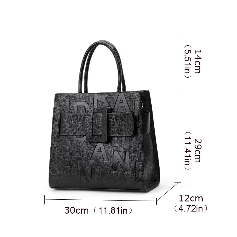 Aidrani women's large capacity handbag with letter print design, made of cowhide material, black