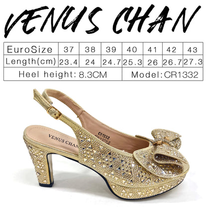 Venus Chan 2026 Women’s Italian Gold High Heels with Rhinestone Detail & Matching Bag Set - Stylish Pointed Toe Design