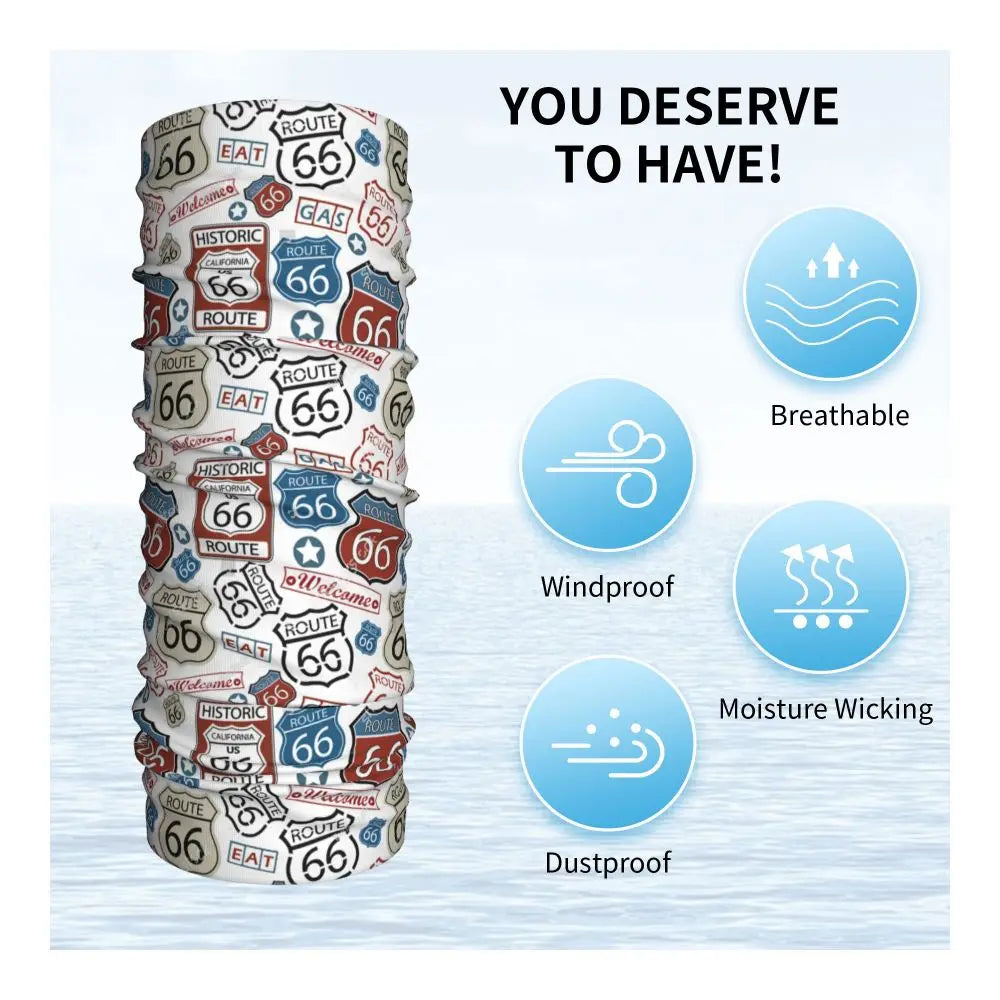 Custom Travel Motorcycle Ride Route 66 Bandana Winter Neck Warmer Windproof Wrap Face Scarf for Hiking Highways Gaiter Headband