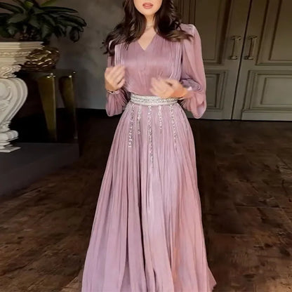 Lady Lantern Sleeve Big Hem Dresses Fashion V-neck Ruffles Gauze Evening Dress Temperament High Waist Solid Color Banquet Dress