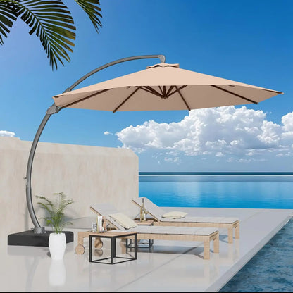 11ft round Aluminum Patio Umbrella with Base - Offset Cantilever Design 360° Rotating Customizable Large Outdoor Shade Umbrella