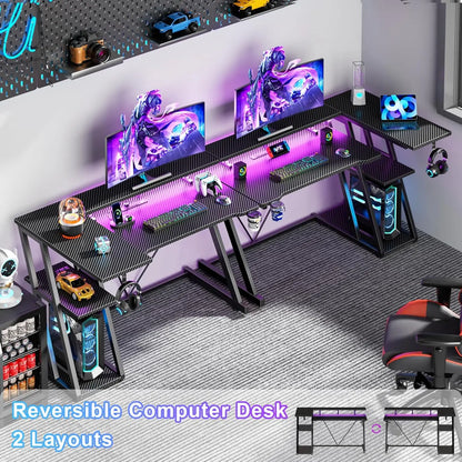40 Inch Gaming Desk with Power Outlet & LED Lights, L Shaped Computer Gaming Table with 3 Tiers Storage Shelves,, Customized