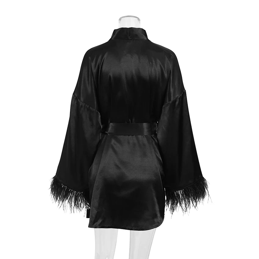 Feather Bathrobes Satin Sexy Mini Dress Long Sleeve Loose Peignoirs For Women Robe White Wedding Dress Black Bride Dresses