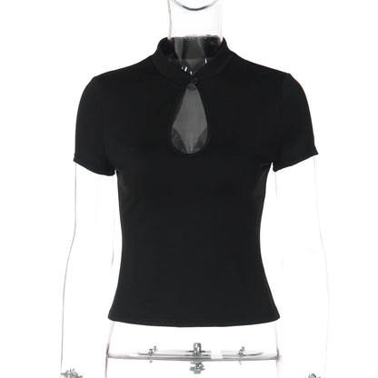 Stand Collar Button Hollow Out T-shirt Women Sexy Solid Short Sleeves Slim Fit Cropped Shirts 2026 Lady Daily Street Outwear New
