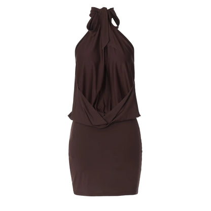Hugcitar Fashion Halter Solid Sleeveless Backless Bandage Ruched Sexy Slim Mini Dress Summer Clothes Party Vacation Club