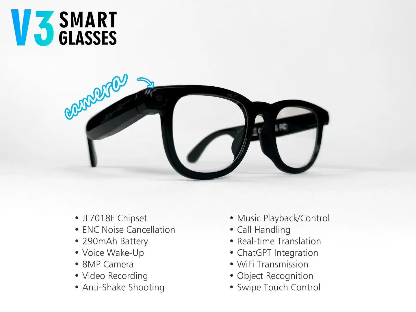 V3 AI Smart Glasses with ChatGPT, 8MP Camera Video Recording, Bluetooth Calls, Voice Wake, Music Playback Sunglasses