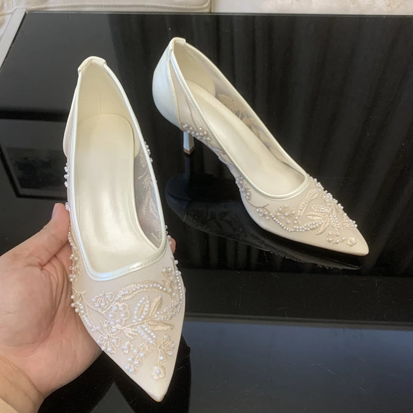 Pointed Toe Mesh Embroider High Heels for ladies Elegant String Bead pumps Sexy Luxury Designer Shoe Party Wedding Heeled Sandal