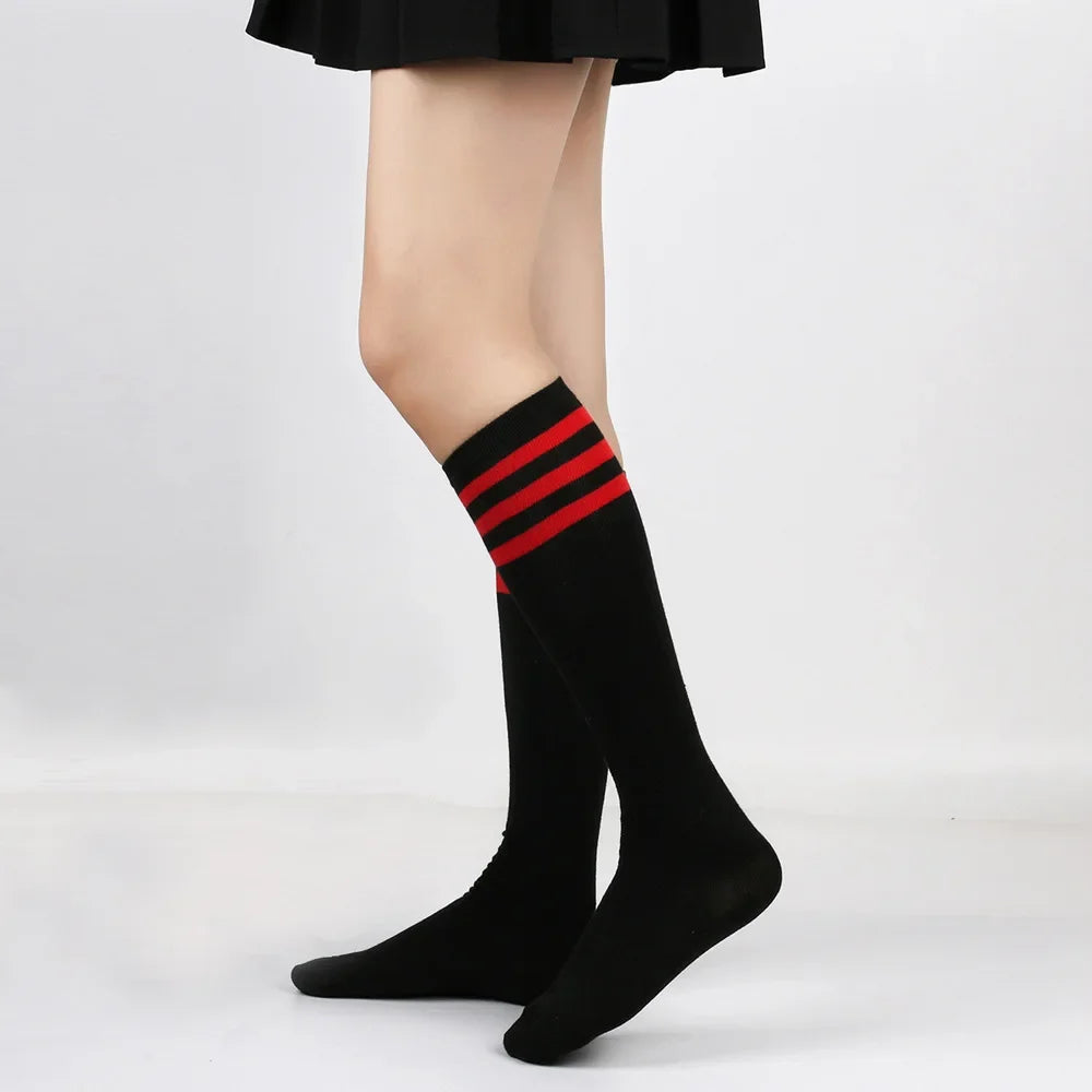 Middle Tube Sock Women Striped Knee High Ladies Japanese Harajuku College Style Cotton Summer Calf Sock Black White Female Gift