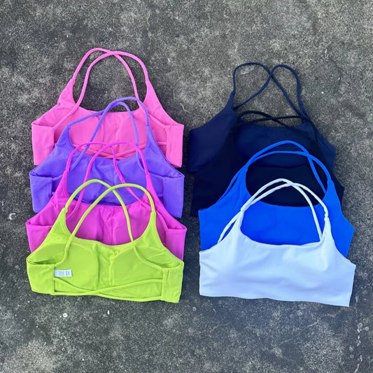 Solid Color Women Cross Back Spaghetti Strap Fitness sport Bra soft high strength Tight Top Gym Yoga Underwear With Chest Pad