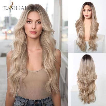 EASIHAIR Long Wavy HD Lace Front Synthetic Wigs for Women Natural Wave Blonde Wigs With Dark Roots 13*6 Lace Wigs Heat Resistant