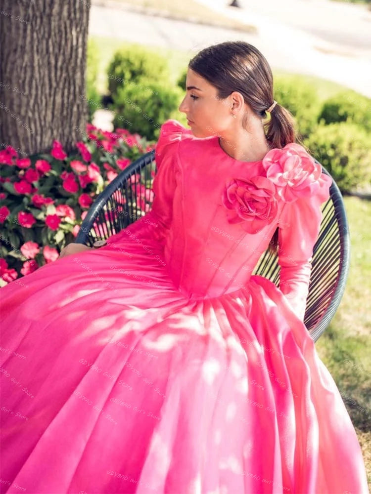 Elegant Women's A-line Prom Dress Round Neck Full Sleeves Evening Gown with 3D Flowers Floor-Length Satin Formal Dress Custom