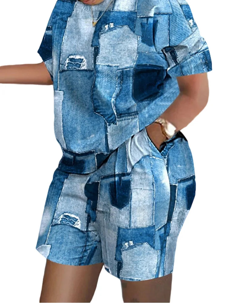 Ladies Casual Summer Two Piece Sets Printed Shorts Sets Women Round Neck Short Sleeve T Shirts Pullover High Waist Trousers Suit