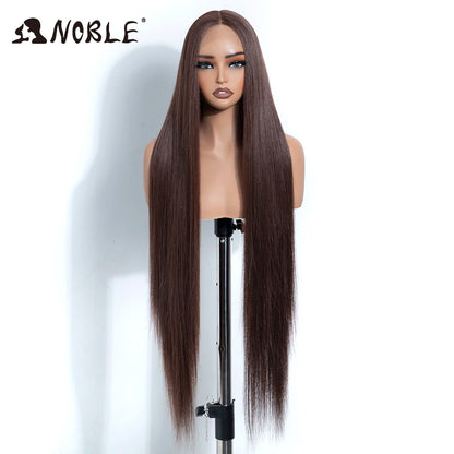 Noble 38 Inch Extra Long Straight Synthetic Lace Front Wig Skunk Stripe Grey White Ombre Glueless Heat Resistant Wig For Women
