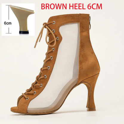 Profession Latin Dance Shoes Woman Suede Mesh Ventilation Ballroom Salsa Boots for Girls Soft Bottom Practice Jazz Latin Boots